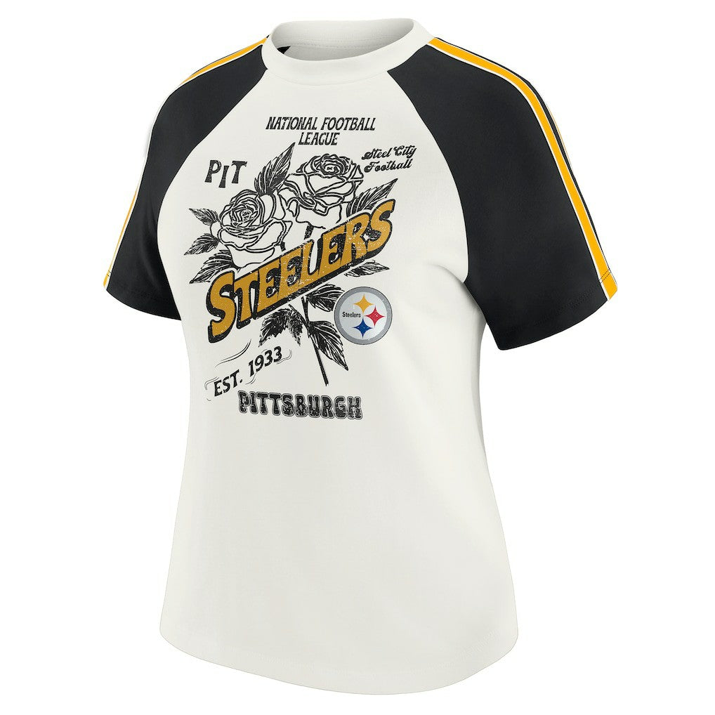 Pittsburgh Steelers WEAR by Erin Andrews Women's Sleeve Stripe Distressed Raglan T-Shirt White