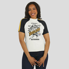 Pittsburgh Steelers WEAR by Erin Andrews Women's Sleeve Stripe Distressed Raglan T-Shirt White