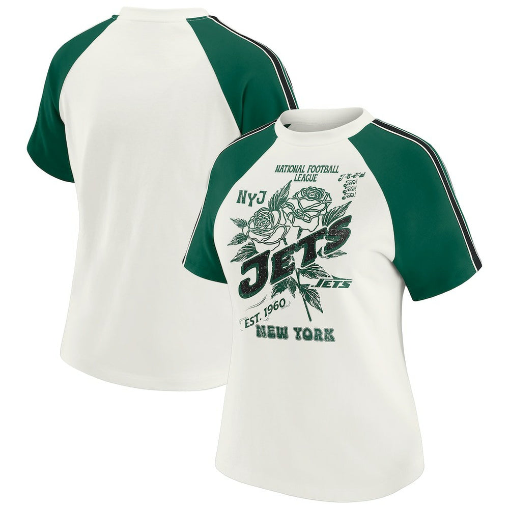 New York Jets WEAR by Erin Andrews Women's Sleeve Stripe Distressed Raglan T-Shirt White