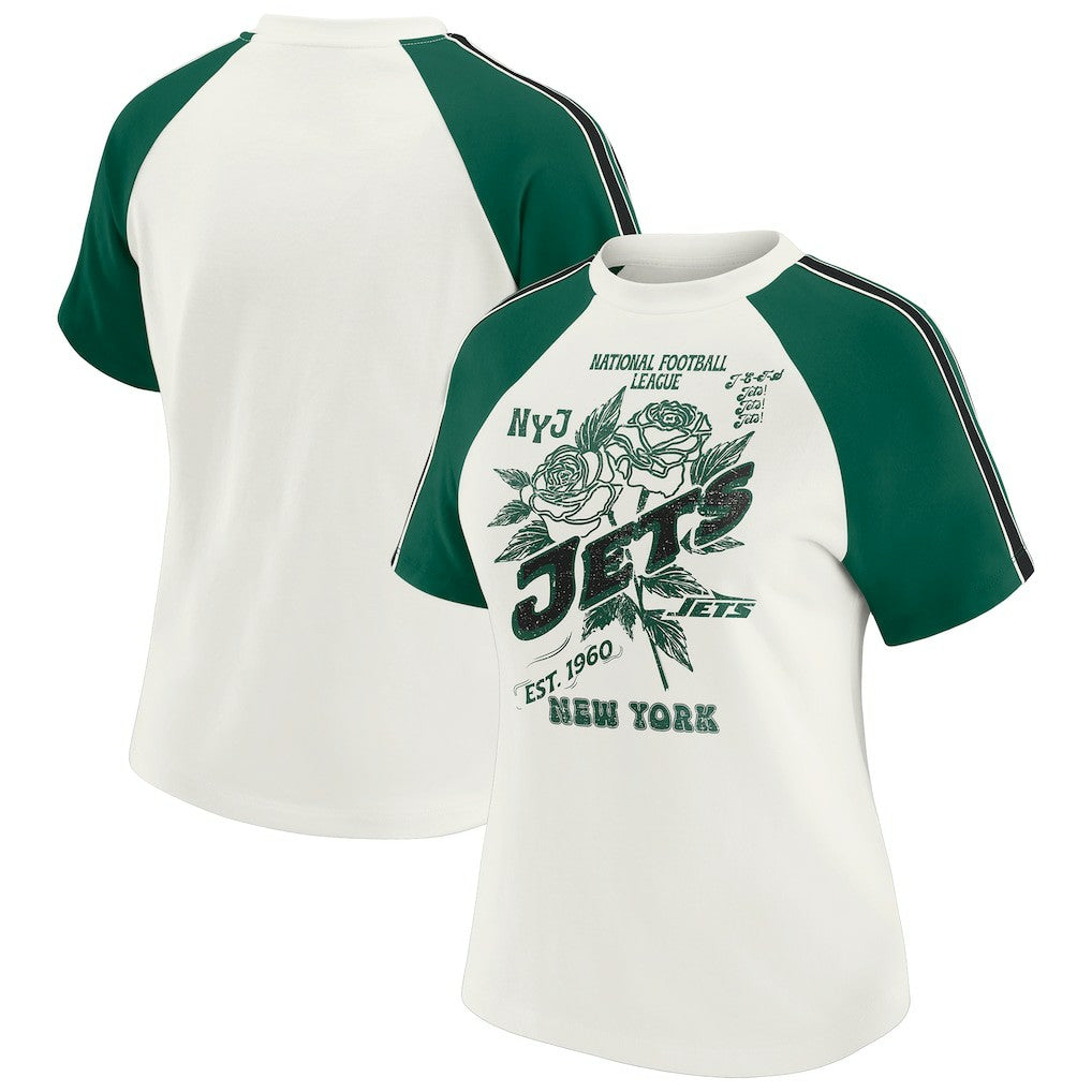 New York Jets WEAR by Erin Andrews Women's Sleeve Stripe Distressed Raglan T-Shirt White