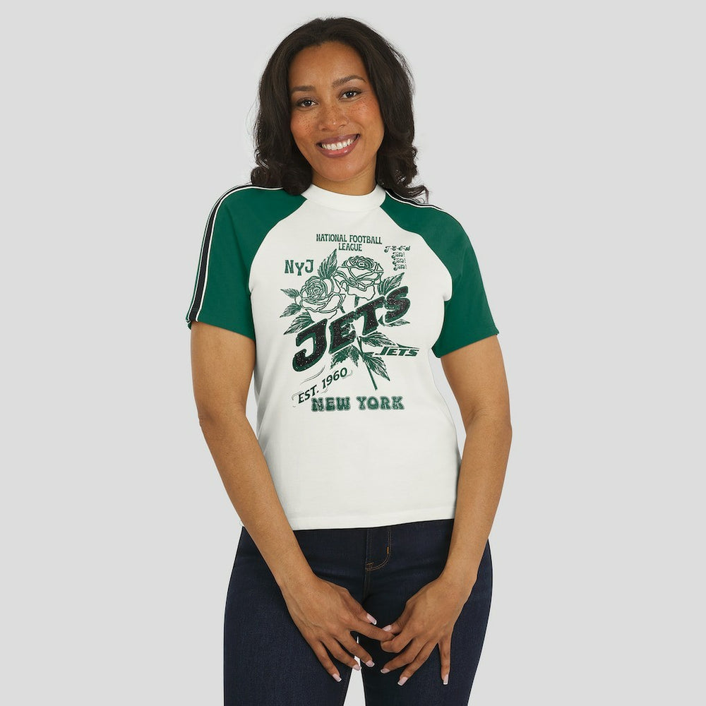 New York Jets WEAR by Erin Andrews Women's Sleeve Stripe Distressed Raglan T-Shirt White