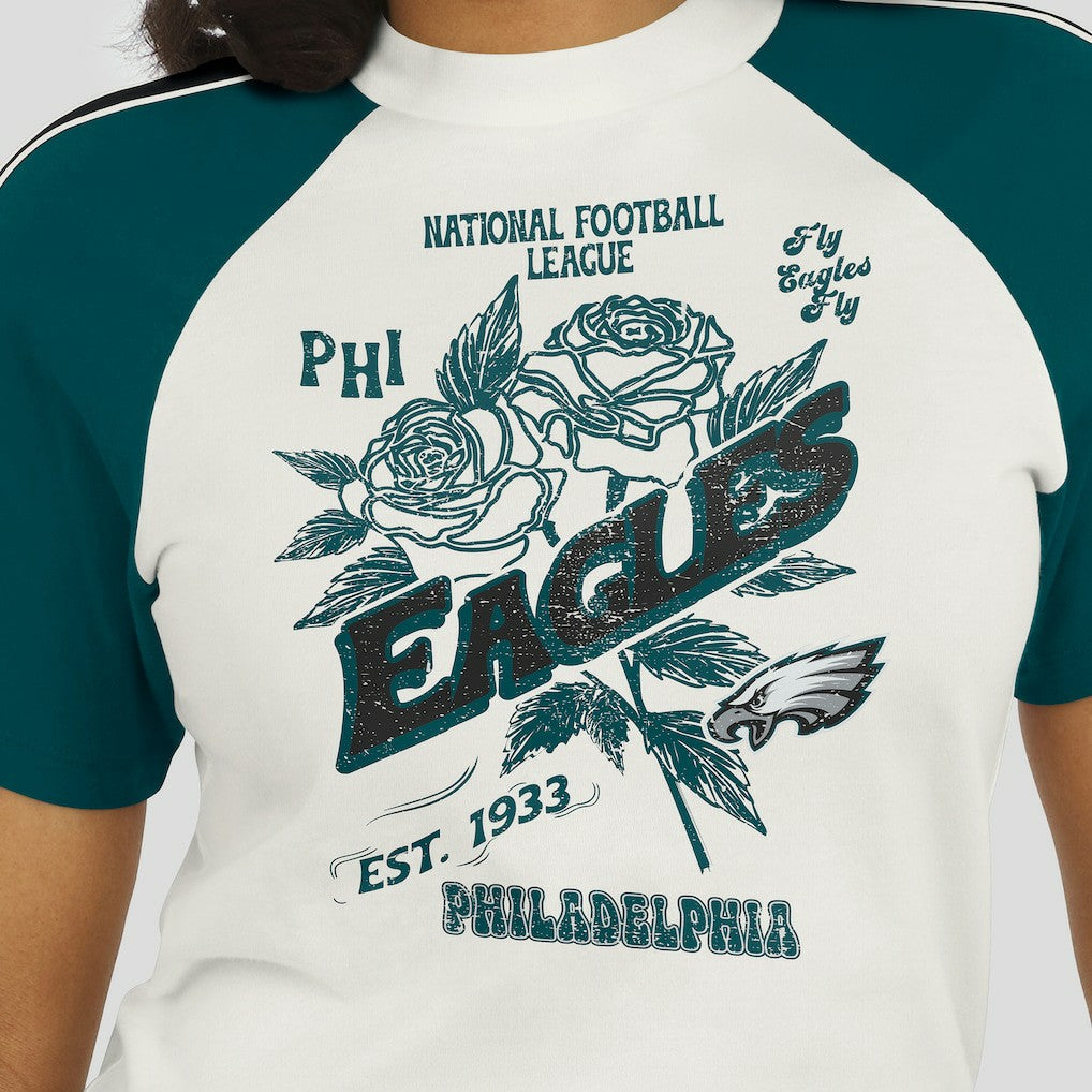 Philadelphia Eagles WEAR by Erin Andrews Women's Sleeve Stripe Distressed Raglan T-Shirt White