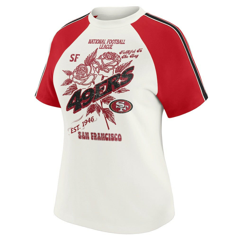 San Francisco 49ers WEAR by Erin Andrews Women's Sleeve Stripe Distressed Raglan T-Shirt White