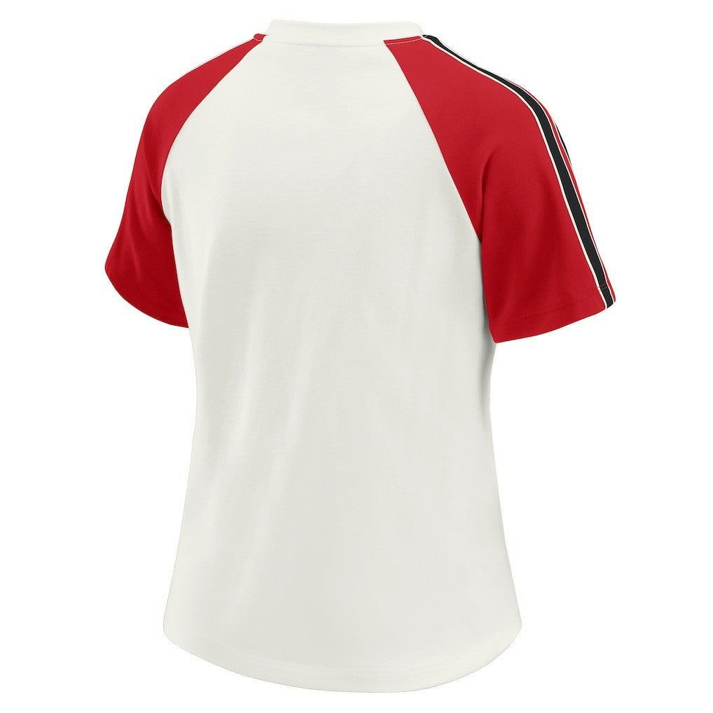 San Francisco 49ers WEAR by Erin Andrews Women's Sleeve Stripe Distressed Raglan T-Shirt White