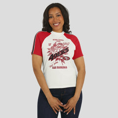 San Francisco 49ers WEAR by Erin Andrews Women's Sleeve Stripe Distressed Raglan T-Shirt White