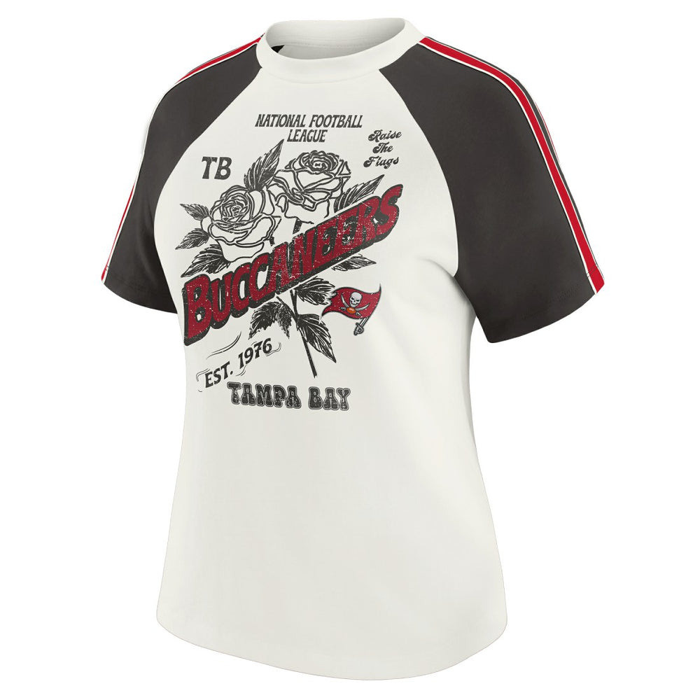 Tampa Bay Buccaneers WEAR by Erin Andrews Women's Sleeve Stripe Distressed Raglan T-Shirt White
