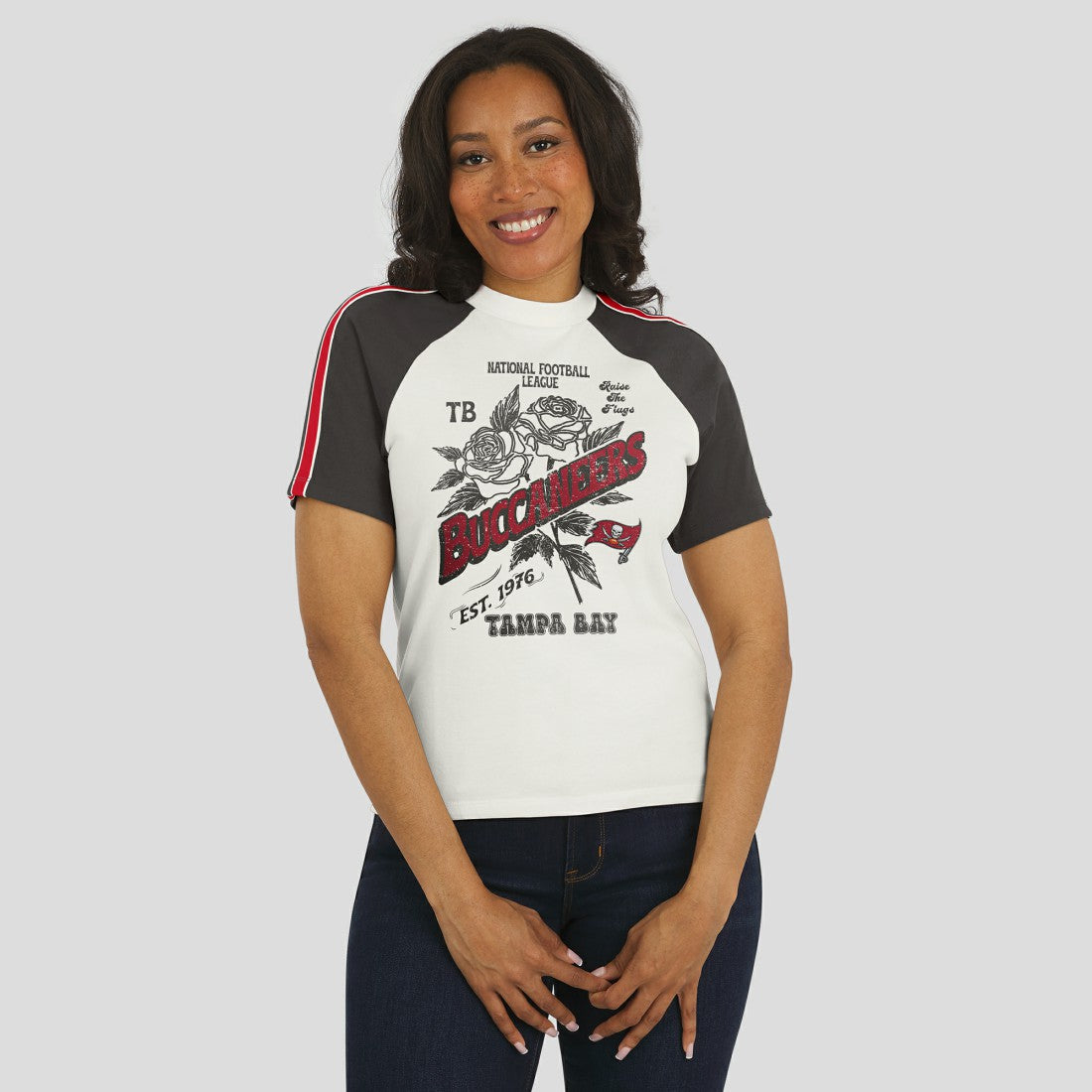 Tampa Bay Buccaneers WEAR by Erin Andrews Women's Sleeve Stripe Distressed Raglan T-Shirt White