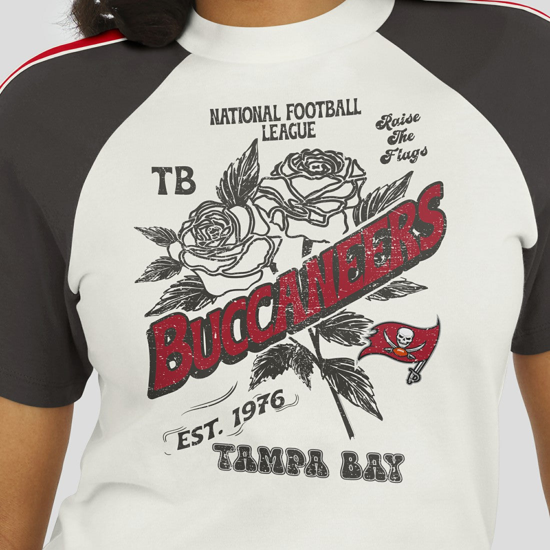 Tampa Bay Buccaneers WEAR by Erin Andrews Women's Sleeve Stripe Distressed Raglan T-Shirt White