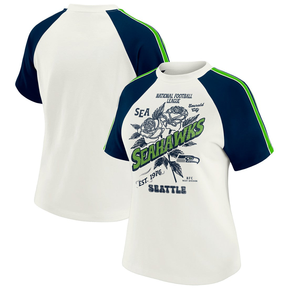 Seattle Seahawks WEAR by Erin Andrews Women's Sleeve Stripe Distressed Raglan T-Shirt White