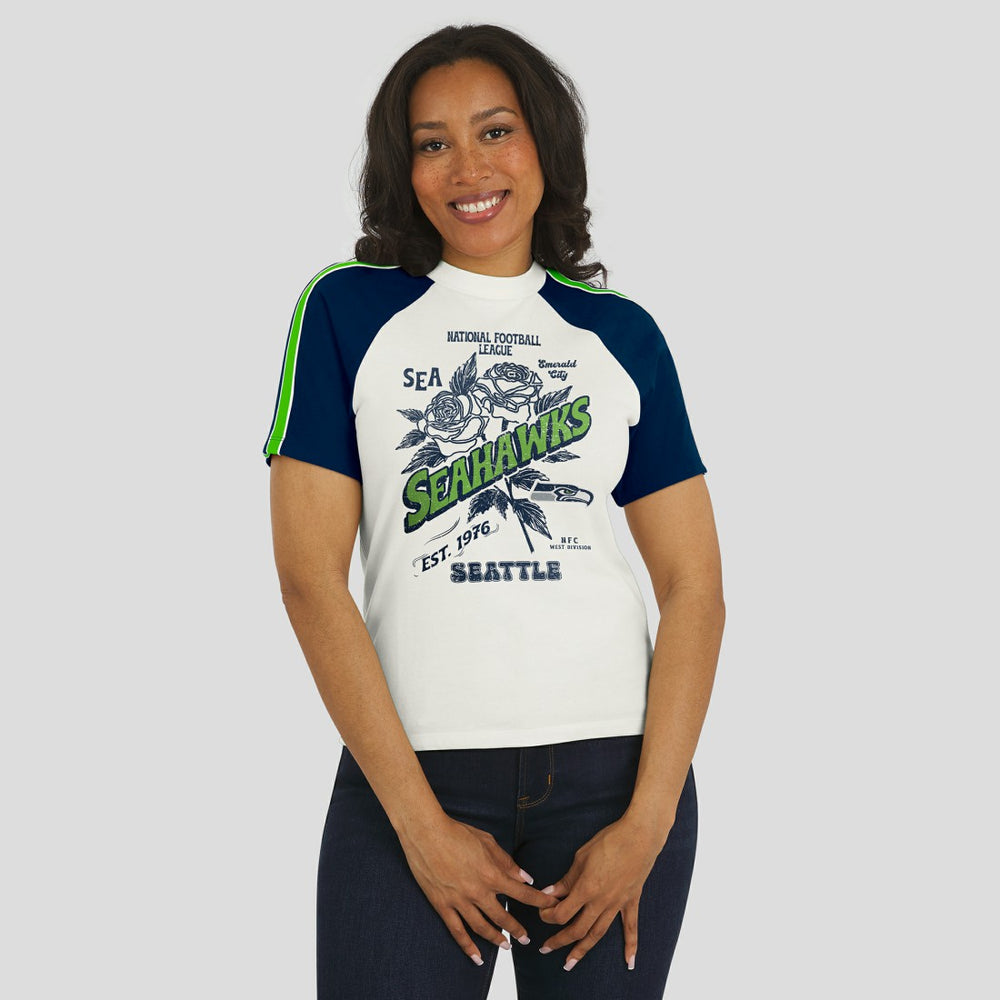 Seattle Seahawks WEAR by Erin Andrews Women's Sleeve Stripe Distressed Raglan T-Shirt White