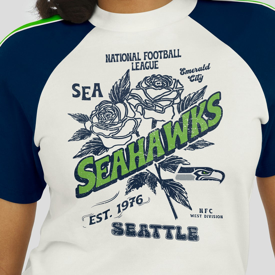 Seattle Seahawks WEAR by Erin Andrews Women's Sleeve Stripe Distressed Raglan T-Shirt White