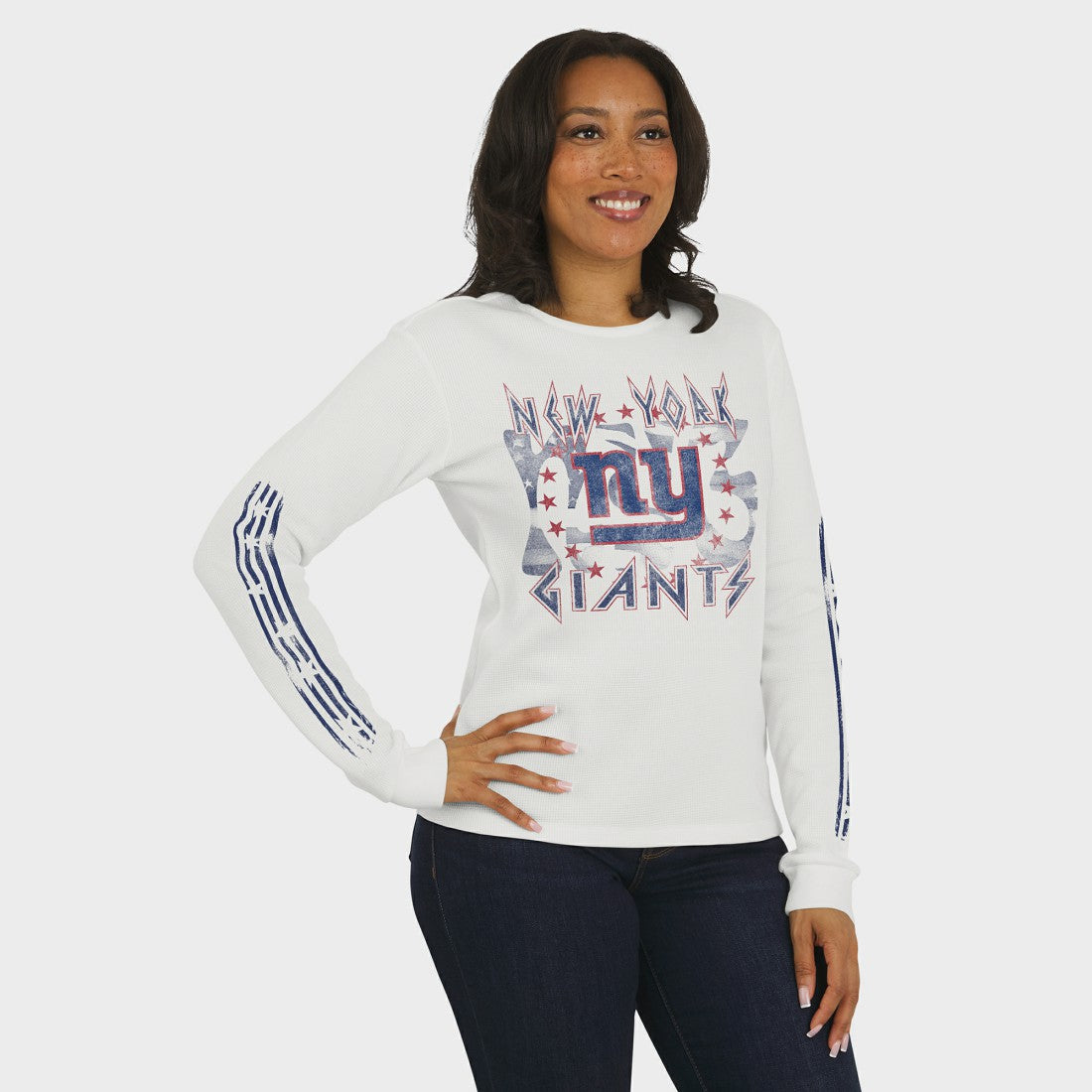 New York Giants WEAR by Erin Andrews Women's Graphic Waffle Long-Sleeve T-Shirt White
