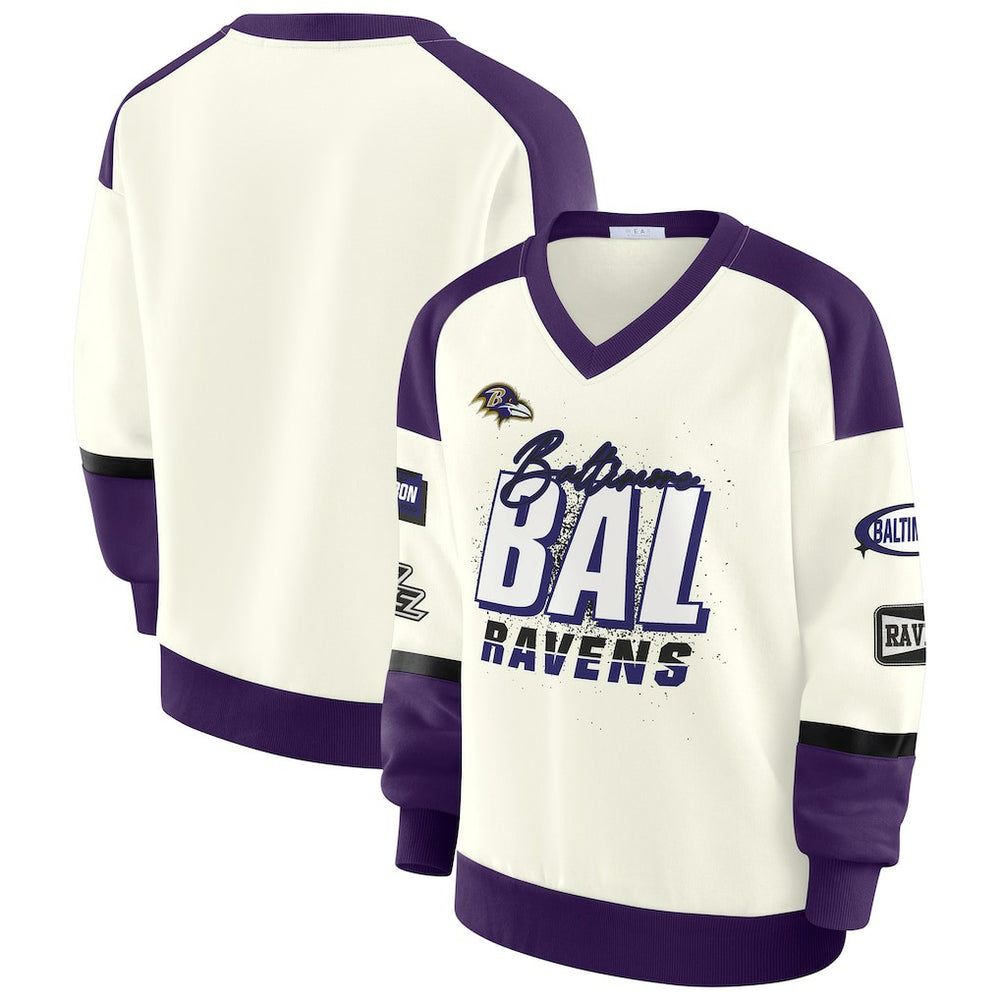 Baltimore Ravens WEAR by Erin Andrews Women's Racing Crew V-Neck Sweatshirt Cream