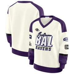 Baltimore Ravens WEAR by Erin Andrews Women's Racing Crew V-Neck Sweatshirt Cream