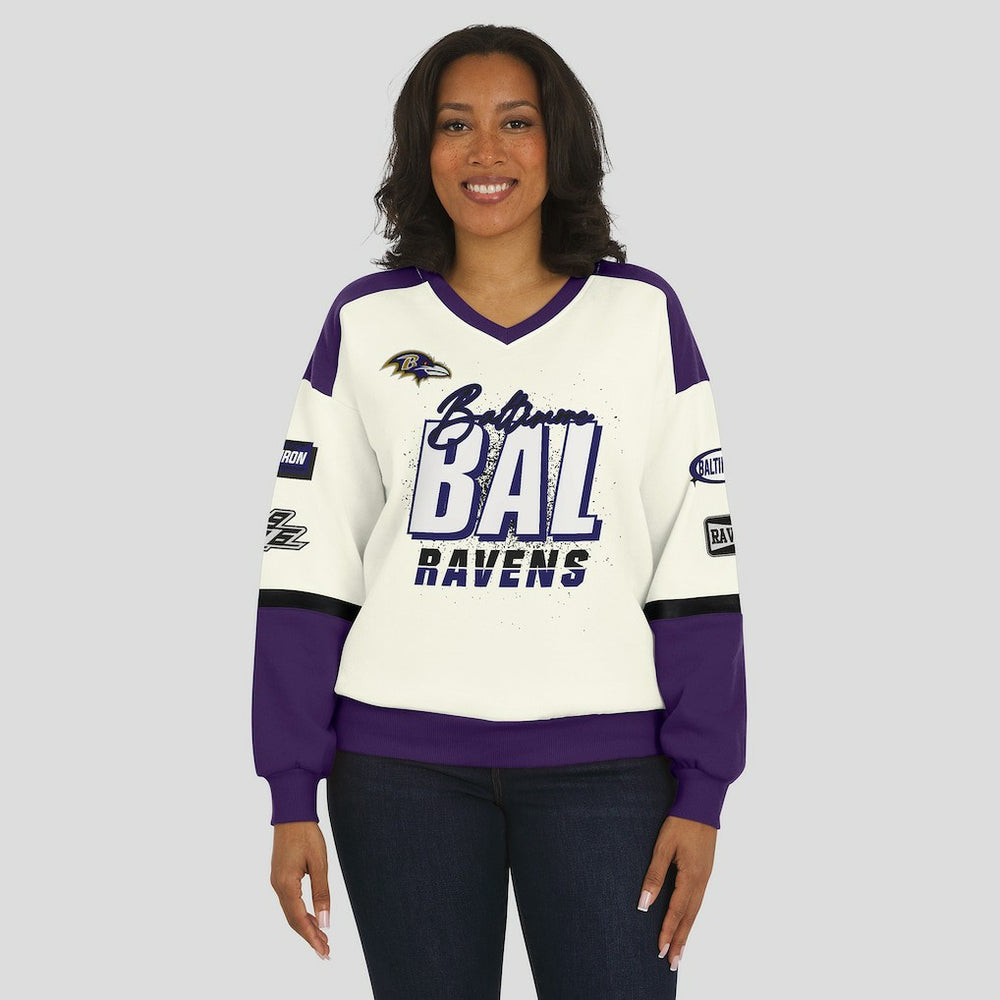 Baltimore Ravens WEAR by Erin Andrews Women's Racing Crew V-Neck Sweatshirt Cream