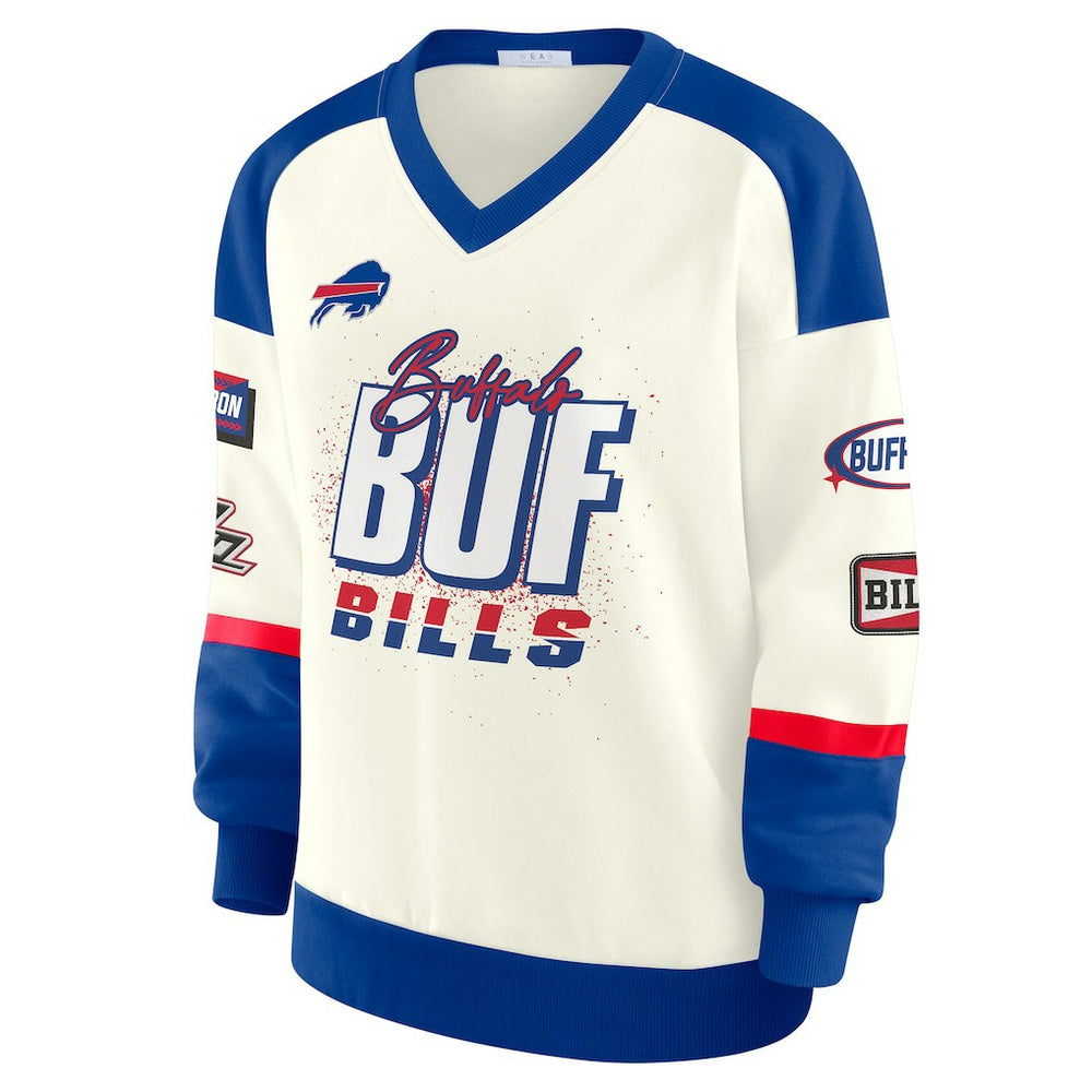 Buffalo Bills WEAR by Erin Andrews Women's Racing Crew V-Neck Sweatshirt Cream