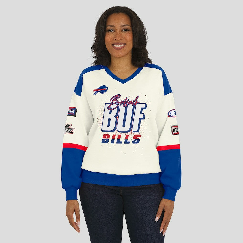 Buffalo Bills WEAR by Erin Andrews Women's Racing Crew V-Neck Sweatshirt Cream