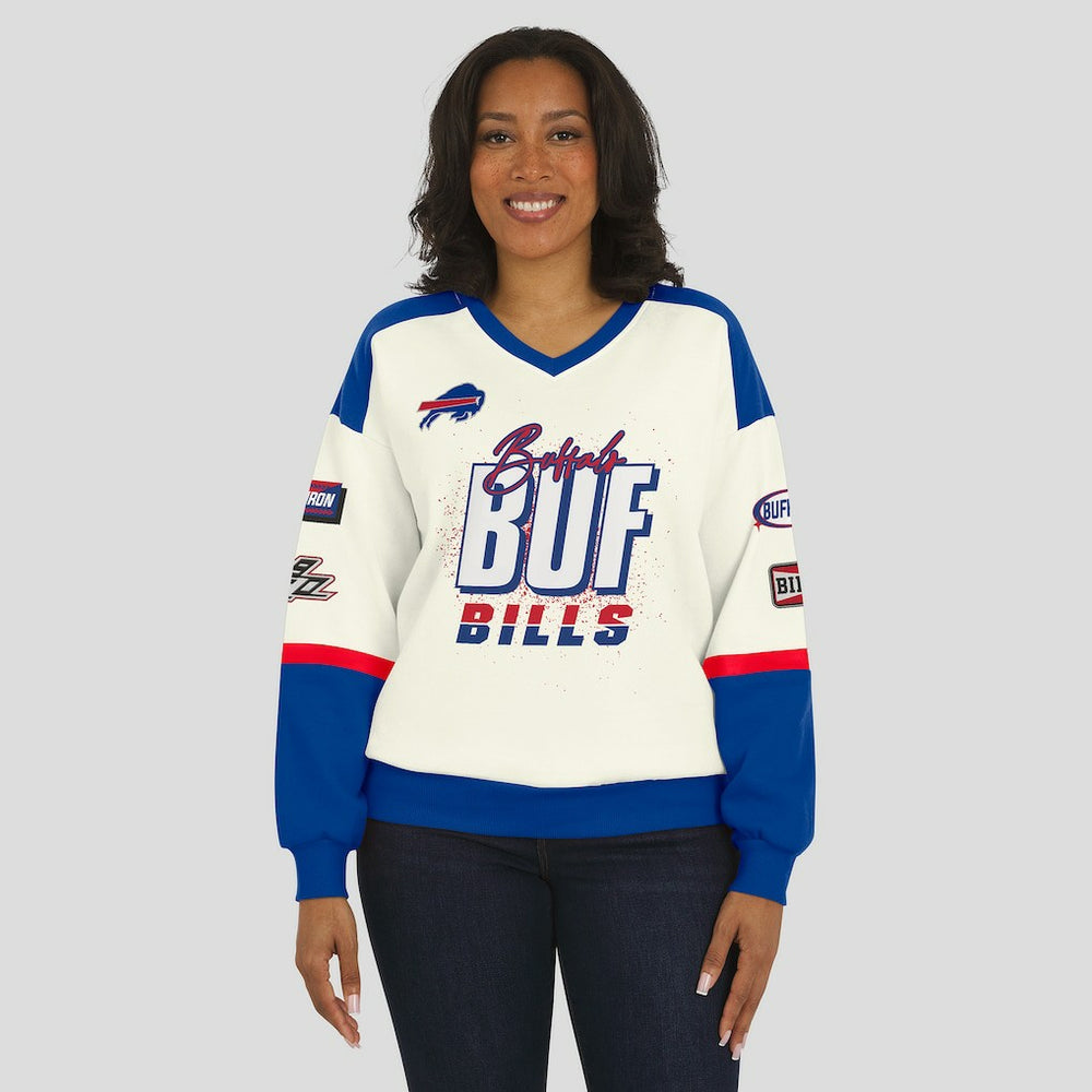Buffalo Bills WEAR by Erin Andrews Women's Racing Crew V-Neck Sweatshirt Cream