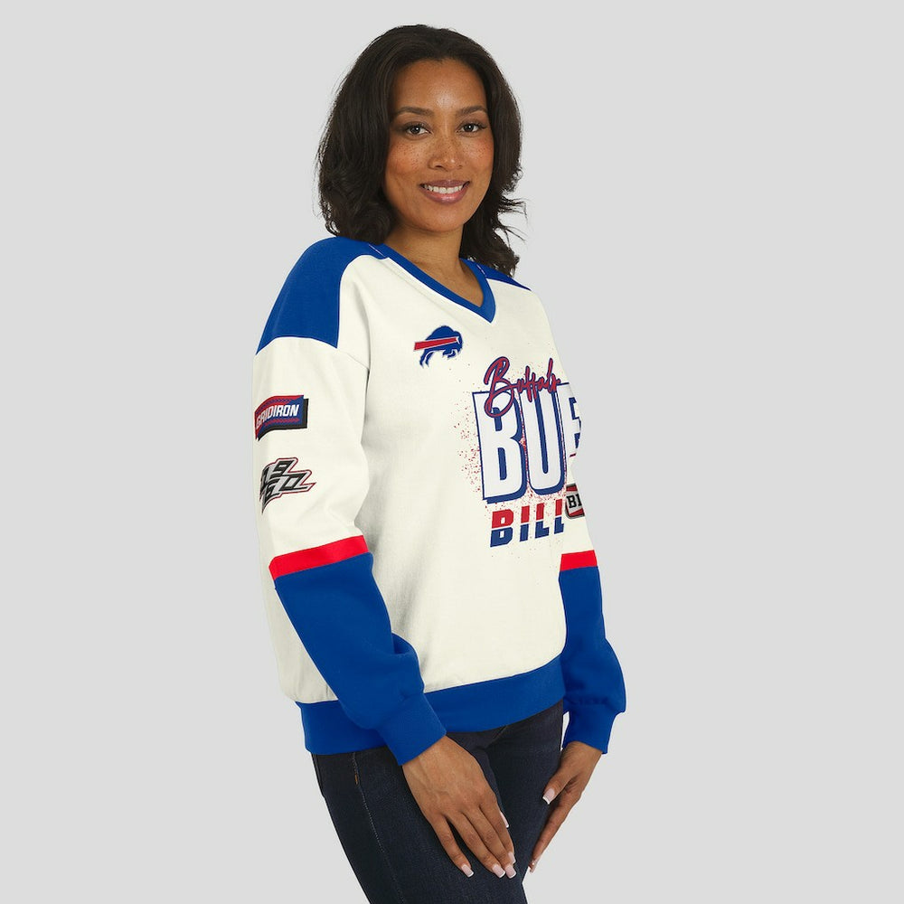 Buffalo Bills WEAR by Erin Andrews Women's Racing Crew V-Neck Sweatshirt Cream