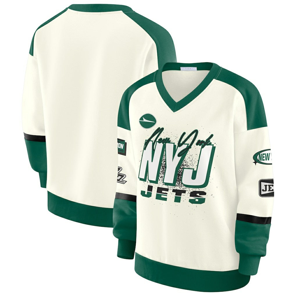 New York Jets WEAR by Erin Andrews Women's Racing Crew V-Neck Sweatshirt Cream