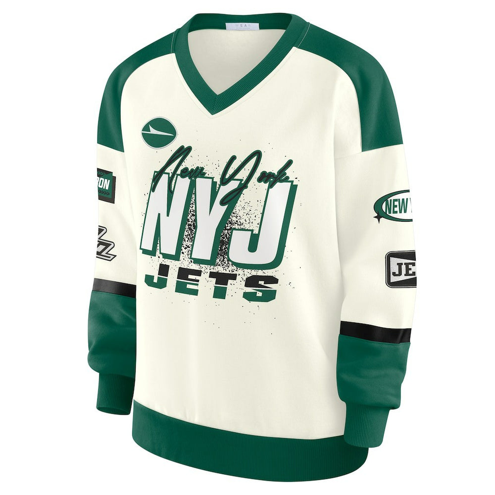 New York Jets WEAR by Erin Andrews Women's Racing Crew V-Neck Sweatshirt Cream