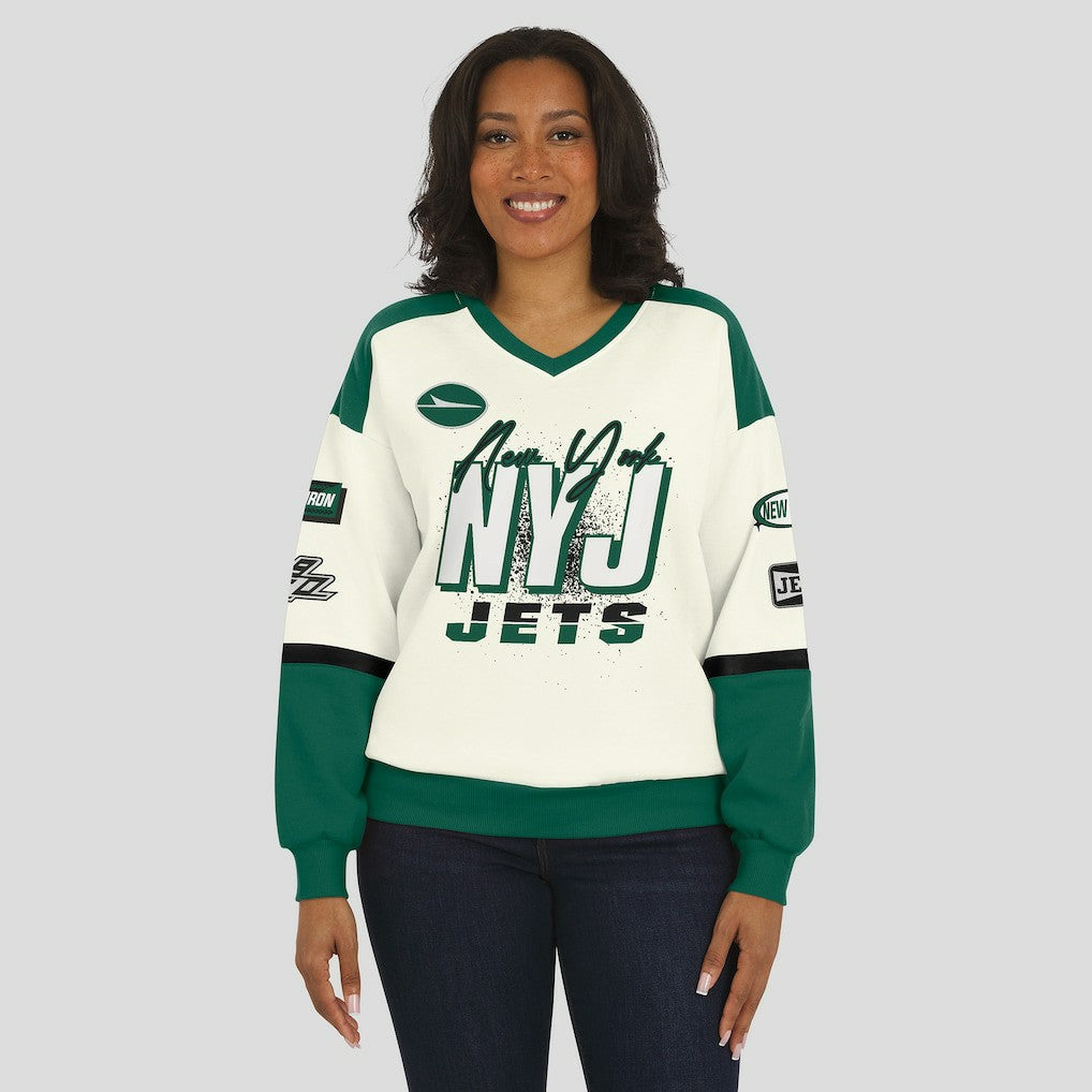 New York Jets WEAR by Erin Andrews Women's Racing Crew V-Neck Sweatshirt Cream