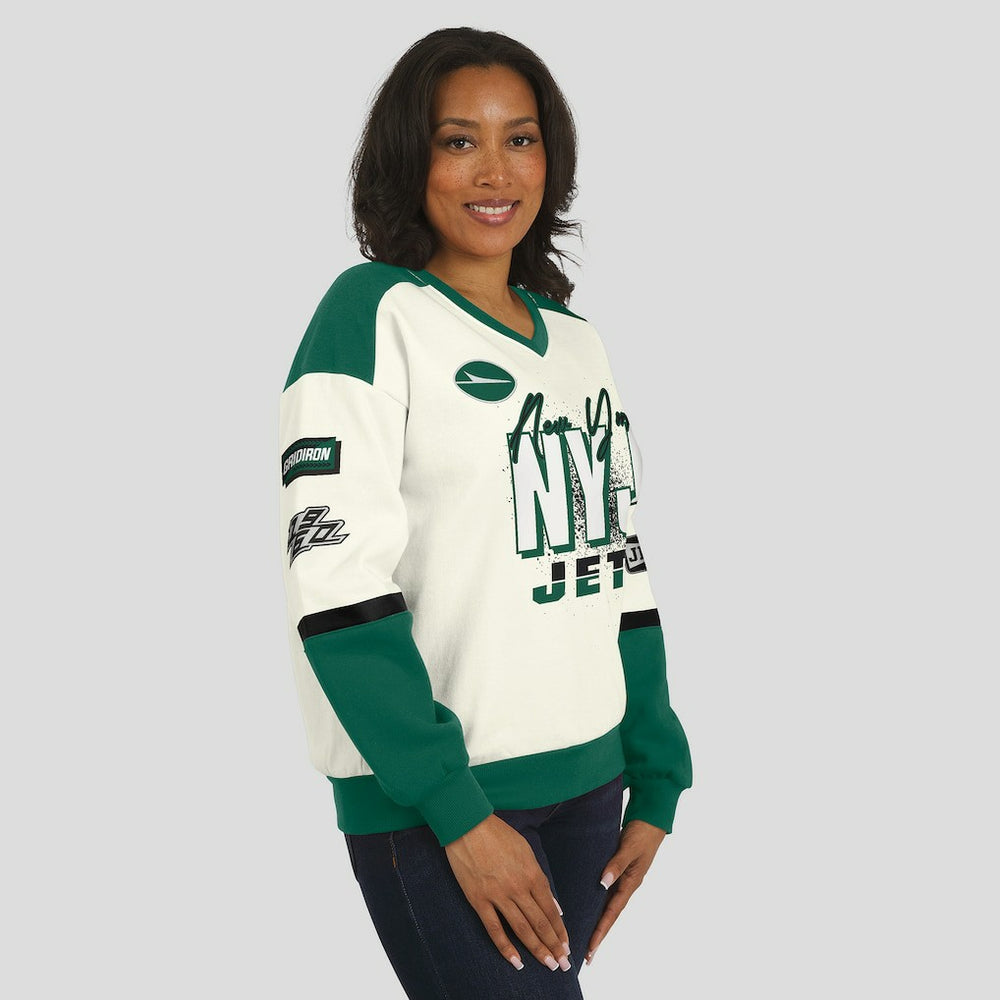 New York Jets WEAR by Erin Andrews Women's Racing Crew V-Neck Sweatshirt Cream