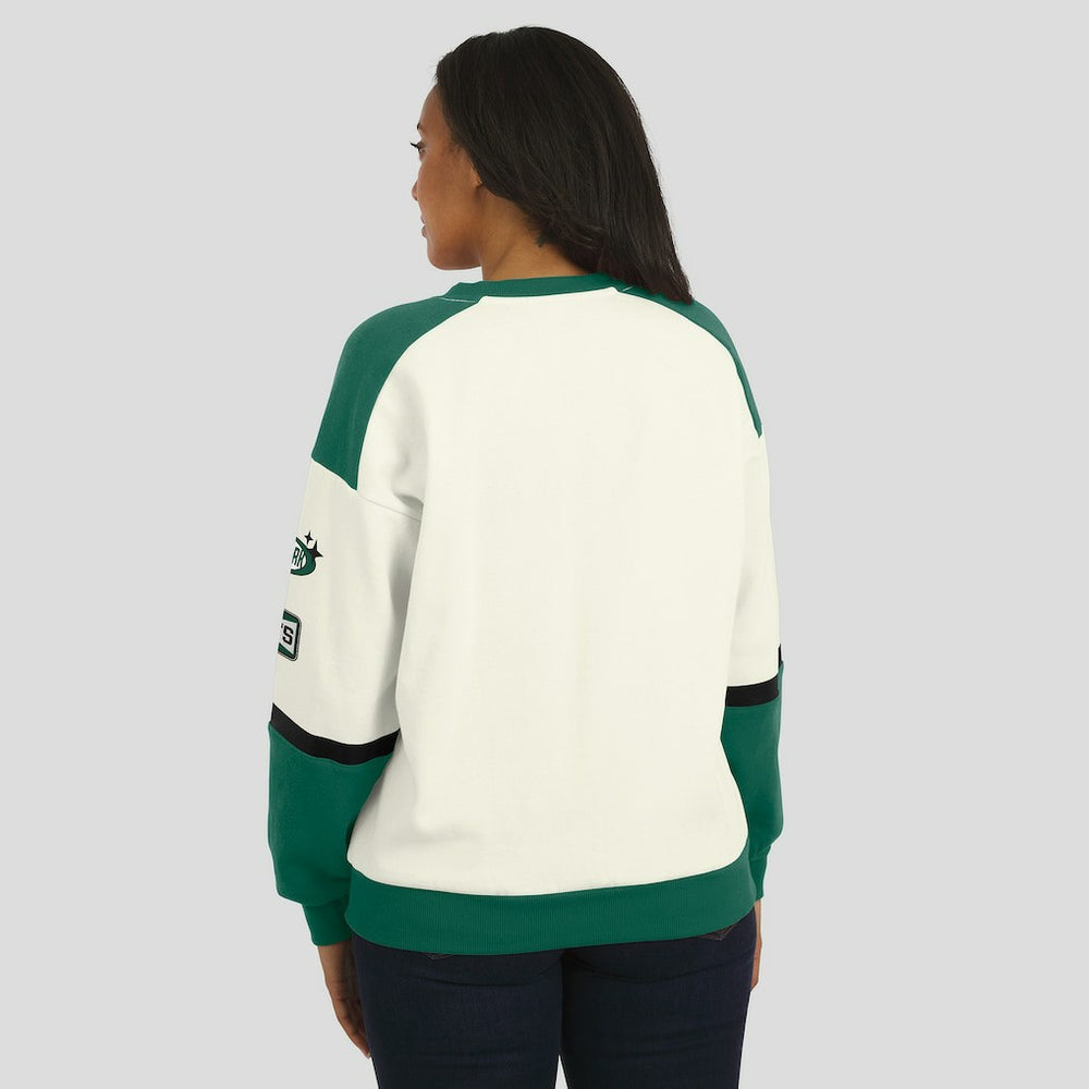 New York Jets WEAR by Erin Andrews Women's Racing Crew V-Neck Sweatshirt Cream
