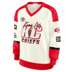 Kansas City Chiefs WEAR by Erin Andrews Women's Racing Crew V-Neck Sweatshirt Cream