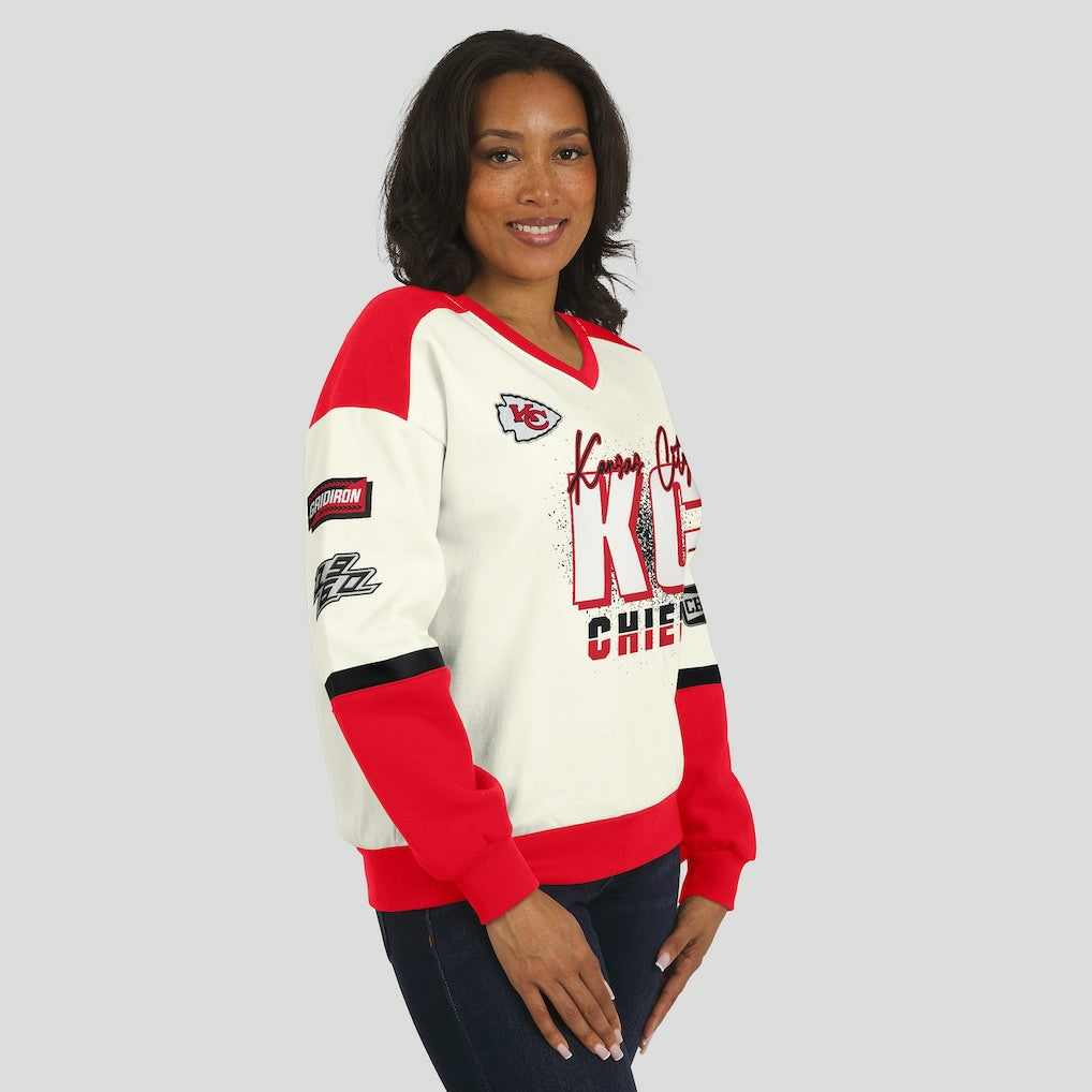 Kansas City Chiefs WEAR by Erin Andrews Women's Racing Crew V-Neck Sweatshirt Cream