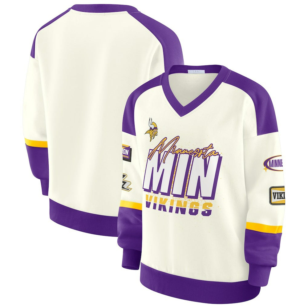 Minnesota Vikings WEAR by Erin Andrews Women's Racing Crew V-Neck Sweatshirt Cream