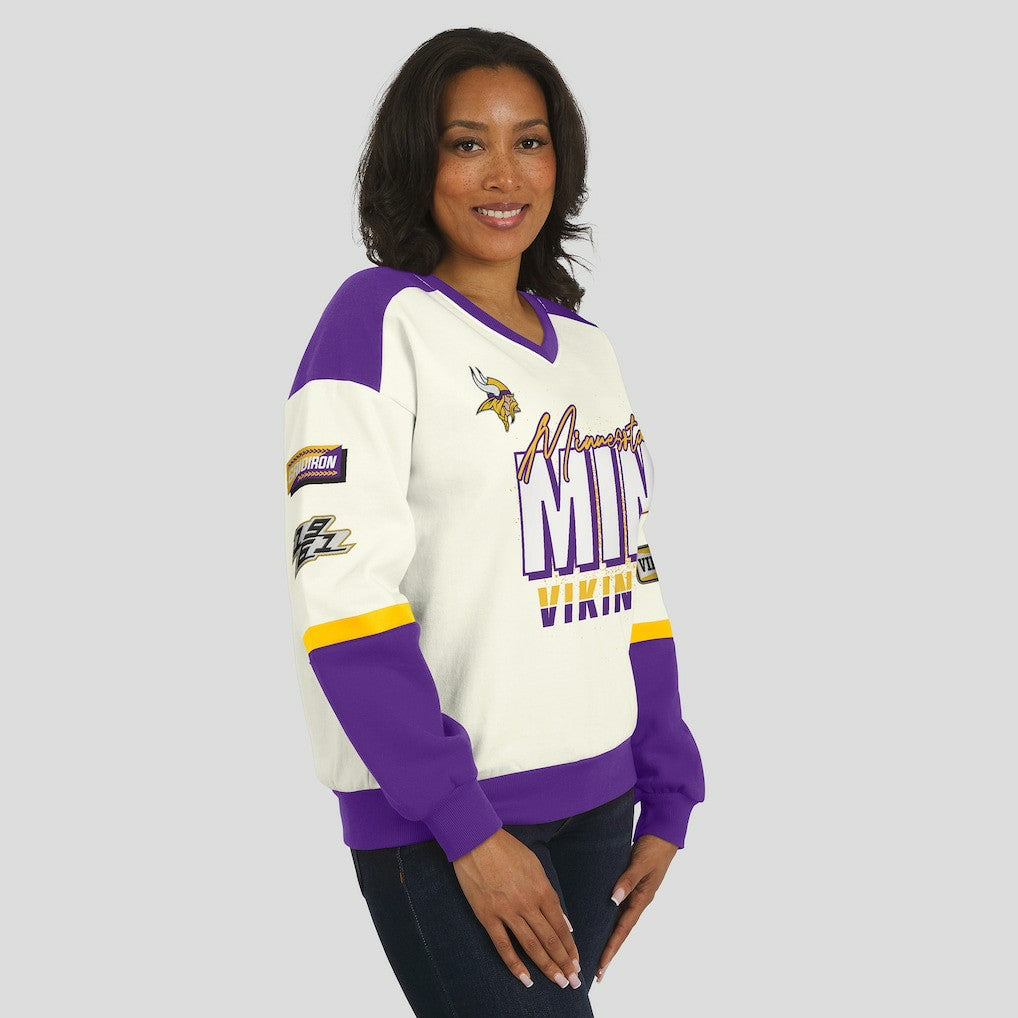 Minnesota Vikings WEAR by Erin Andrews Women's Racing Crew V-Neck Sweatshirt Cream