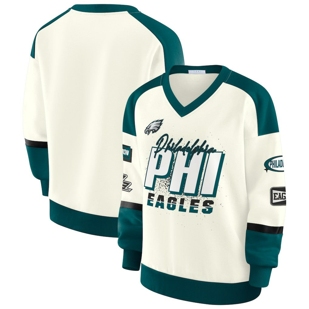 Philadelphia Eagles WEAR by Erin Andrews Women's Racing Crew V-Neck Sweatshirt Cream