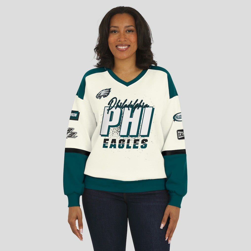 Philadelphia Eagles WEAR by Erin Andrews Women's Racing Crew V-Neck Sweatshirt Cream