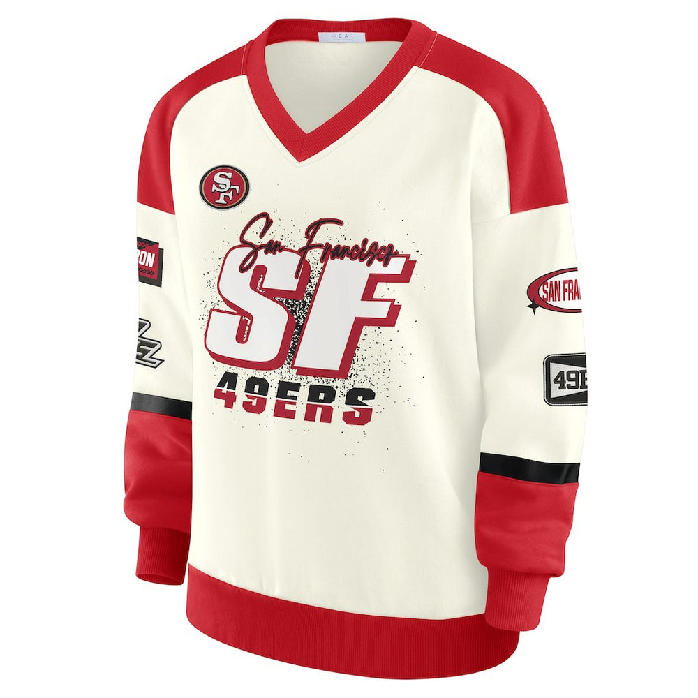 San Francisco 49ers WEAR by Erin Andrews Women's Racing Crew V-Neck Sweatshirt Cream