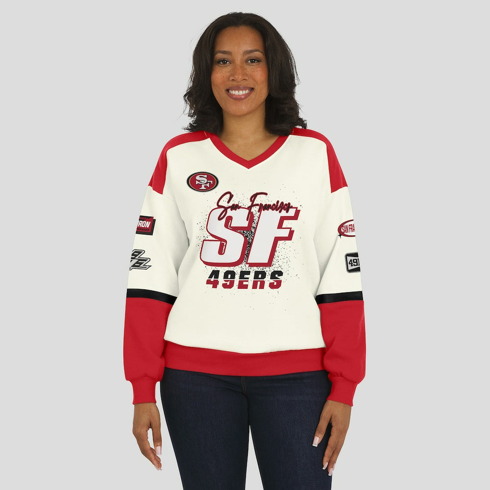 San Francisco 49ers WEAR by Erin Andrews Women's Racing Crew V-Neck Sweatshirt Cream