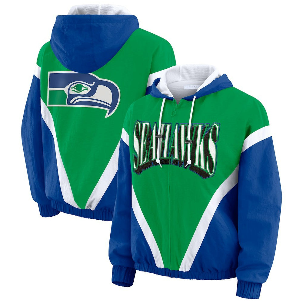 Seattle Seahawks WEAR by Erin Andrews Women's Plus Size Retro Crinkle Full-Zip Hoodie Windbreaker Jacket Kelly Green/Royal