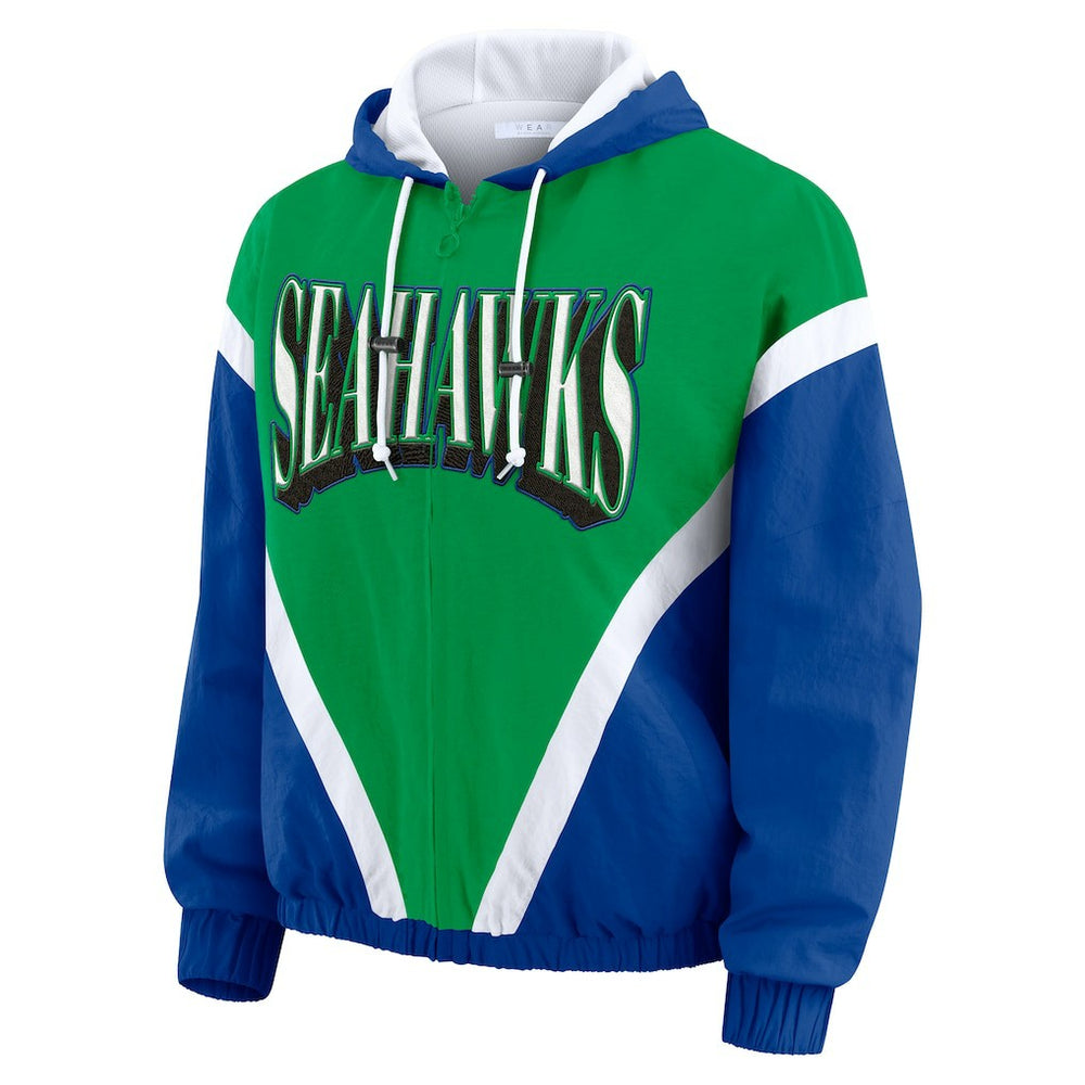 Seattle Seahawks WEAR by Erin Andrews Women's Plus Size Retro Crinkle Full-Zip Hoodie Windbreaker Jacket Kelly Green/Royal
