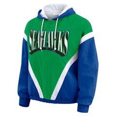 Seattle Seahawks WEAR by Erin Andrews Women's Plus Size Retro Crinkle Full-Zip Hoodie Windbreaker Jacket Kelly Green/Royal