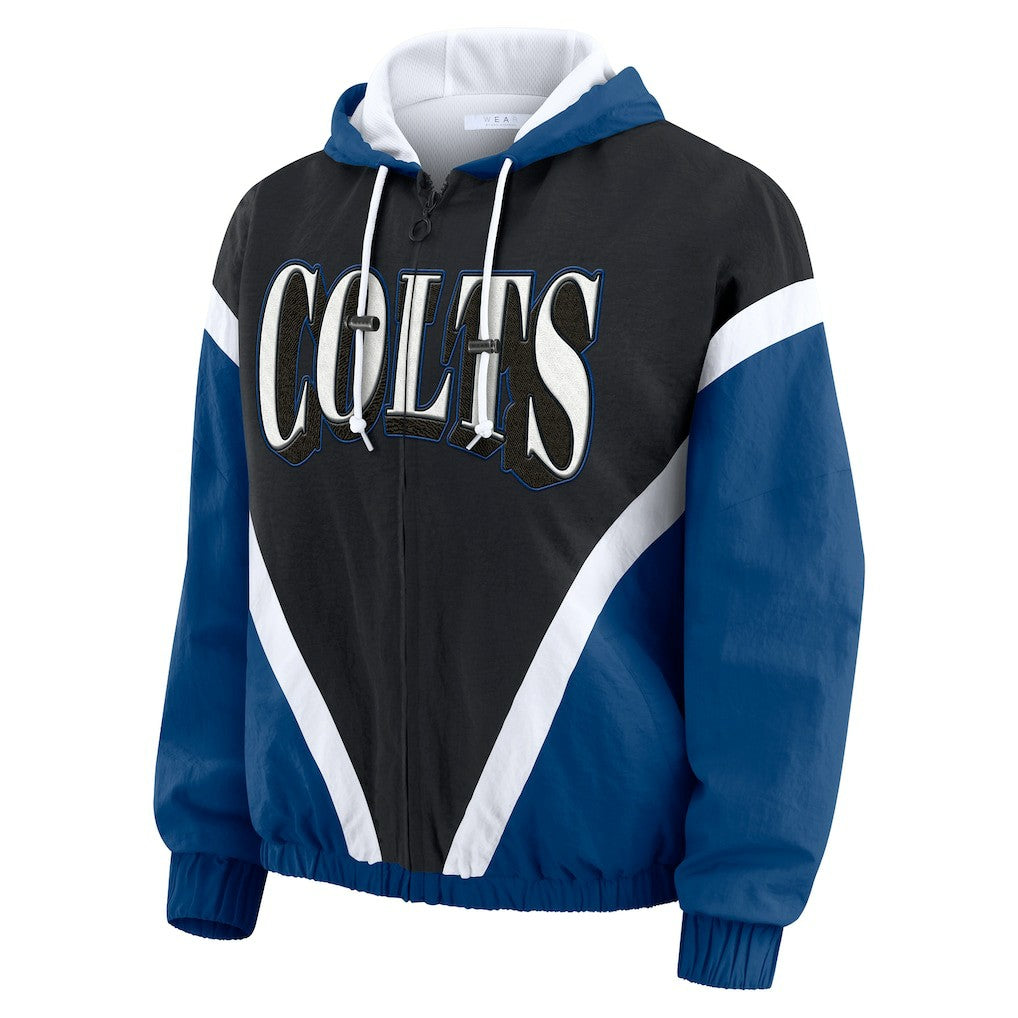 Indianapolis Colts WEAR by Erin Andrews Women's Plus Size Retro Crinkle Full-Zip Hoodie Windbreaker Jacket Black/Royal