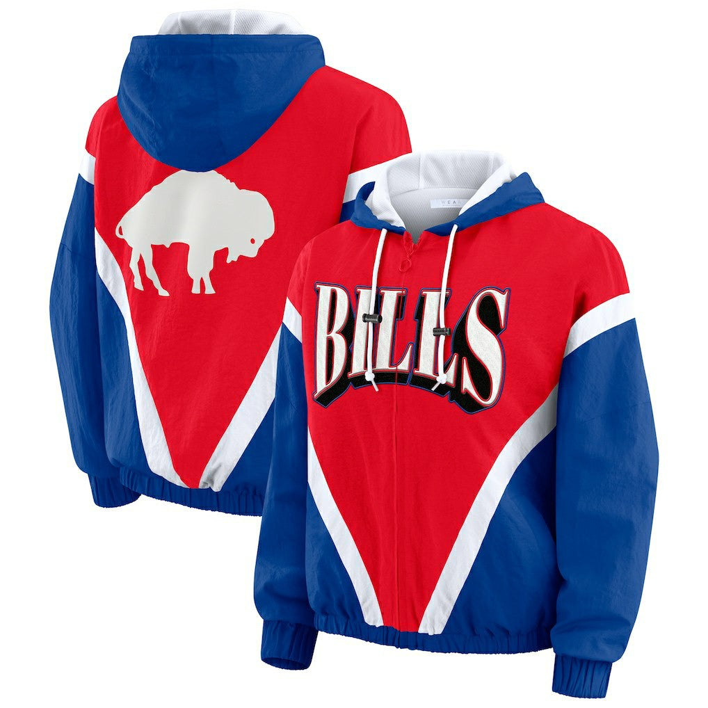 Buffalo Bills WEAR by Erin Andrews Women's Plus Size Retro Crinkle Full-Zip Hoodie Windbreaker Jacket Red/Royal