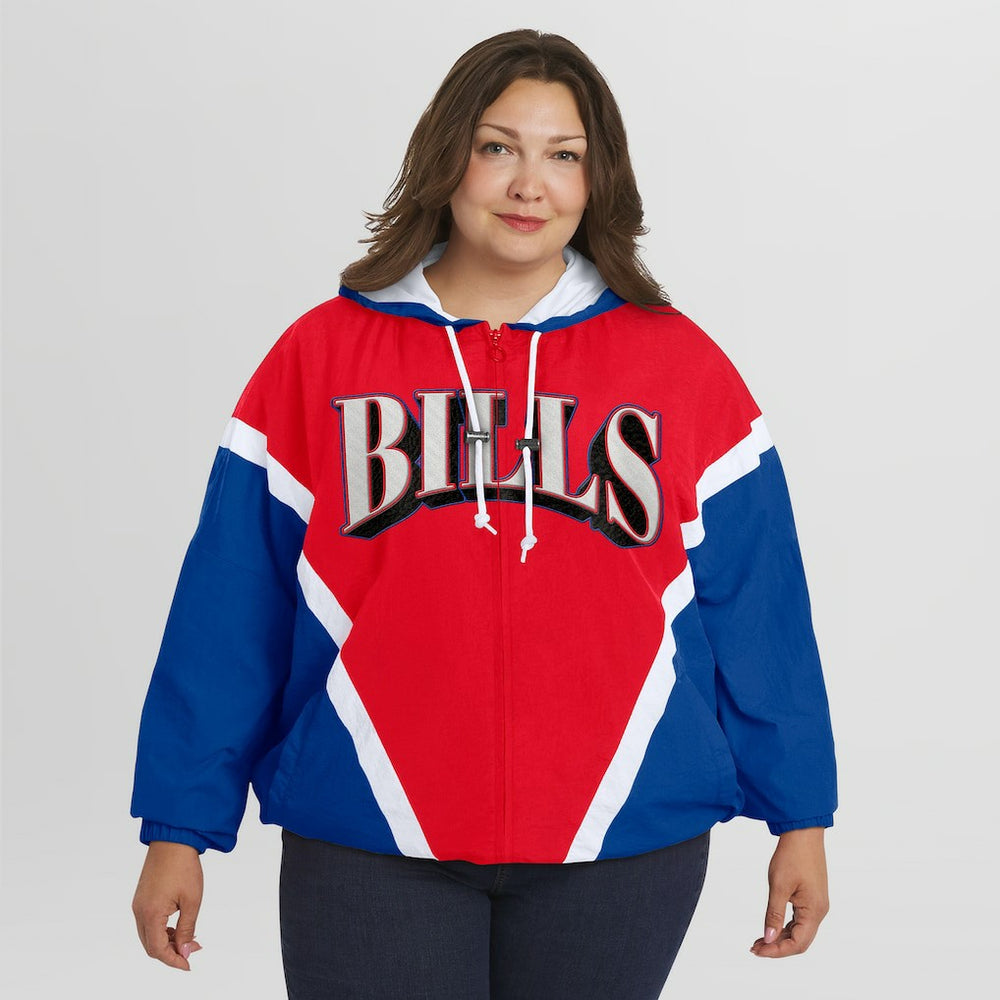 Buffalo Bills WEAR by Erin Andrews Women's Plus Size Retro Crinkle Full-Zip Hoodie Windbreaker Jacket Red/Royal