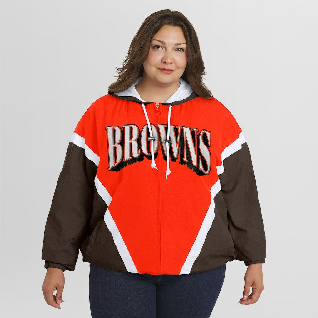 Cleveland Browns WEAR by Erin Andrews Women's Plus Size Retro Crinkle Full-Zip Hoodie Windbreaker Jacket Orange/Brown