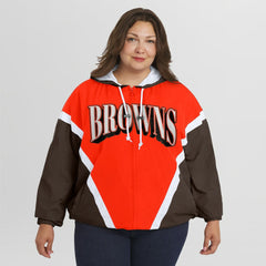 Cleveland Browns WEAR by Erin Andrews Women's Plus Size Retro Crinkle Full-Zip Hoodie Windbreaker Jacket Orange/Brown