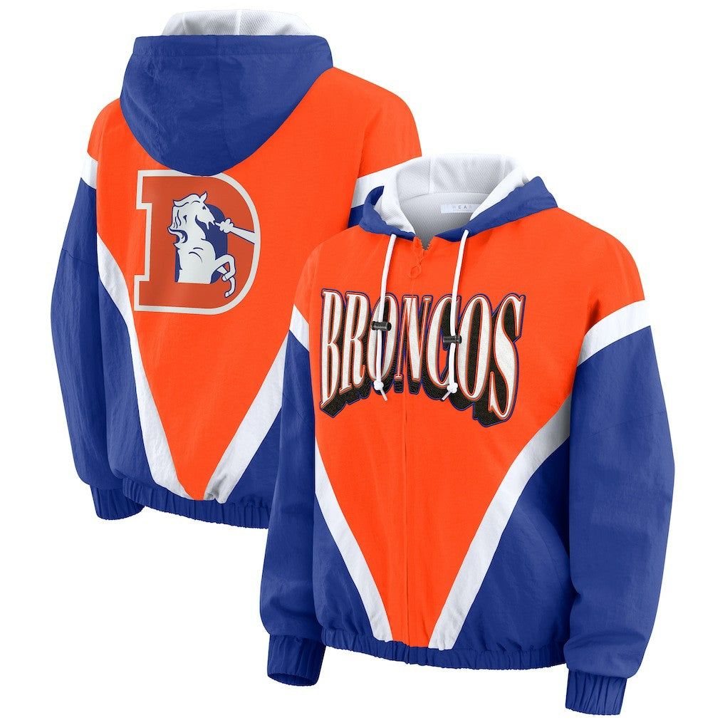 Denver Broncos WEAR by Erin Andrews Women's Plus Size Retro Crinkle Full-Zip Hoodie Windbreaker Jacket Orange/Royal