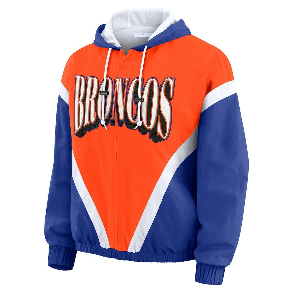 Denver Broncos WEAR by Erin Andrews Women's Plus Size Retro Crinkle Full-Zip Hoodie Windbreaker Jacket Orange/Royal