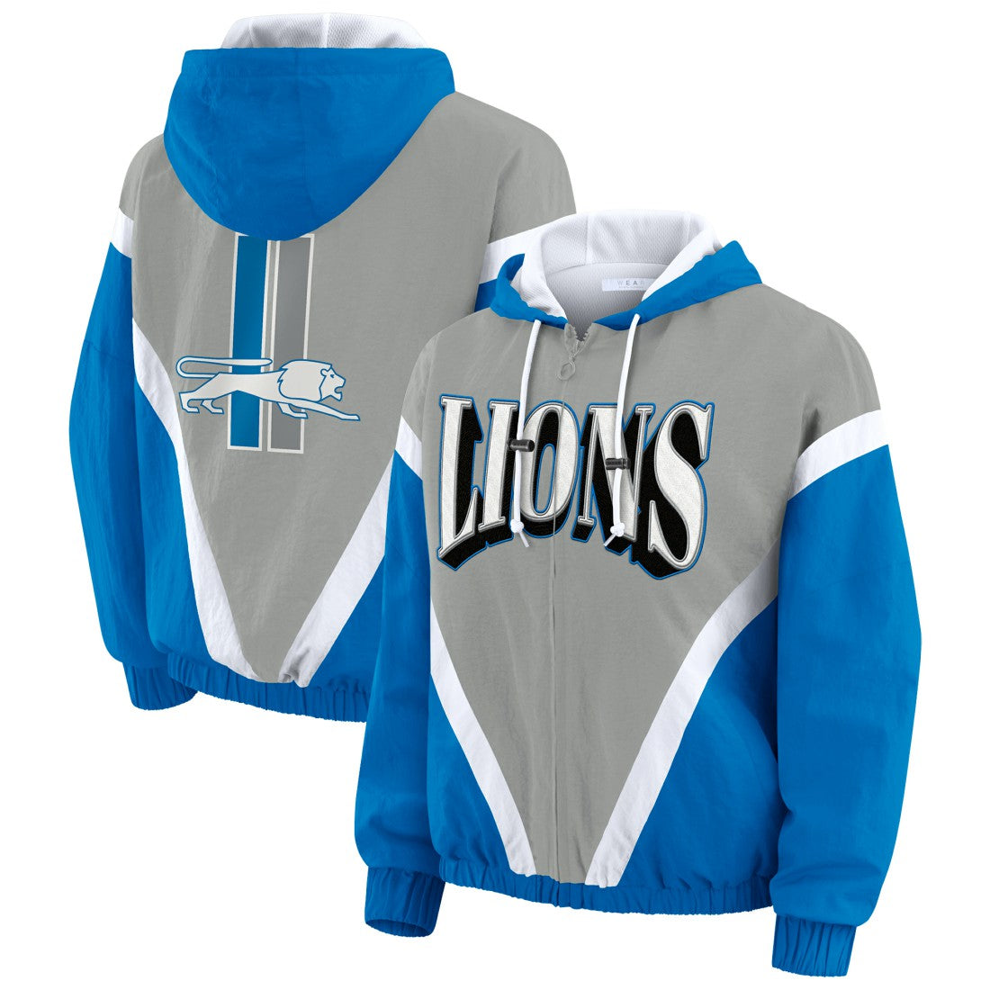 Detroit Lions WEAR by Erin Andrews Women's Plus Size Retro Crinkle Full-Zip Hoodie Windbreaker Jacket Blue/Gray
