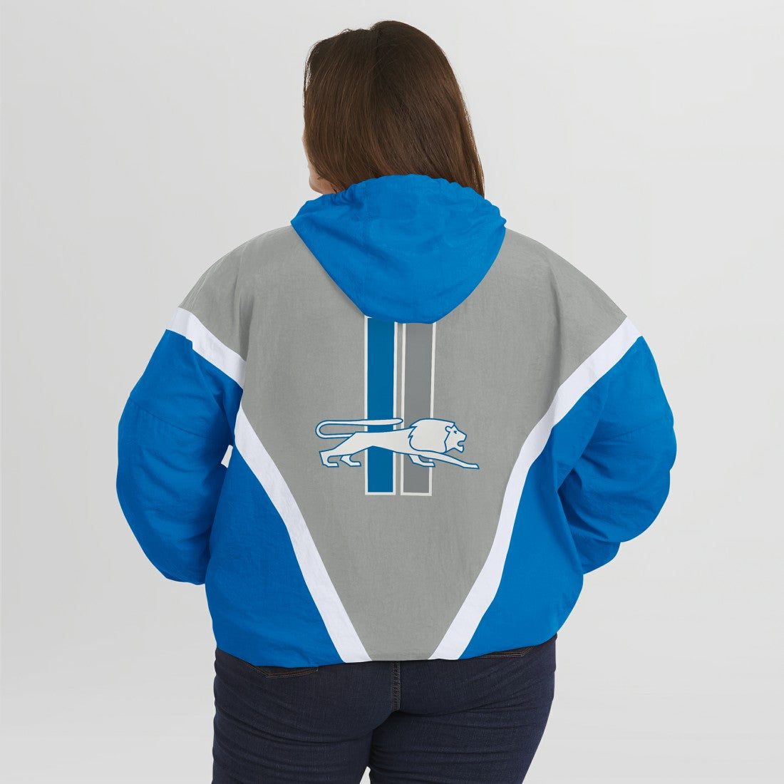 Detroit Lions WEAR by Erin Andrews Women's Plus Size Retro Crinkle Full-Zip Hoodie Windbreaker Jacket Blue/Gray