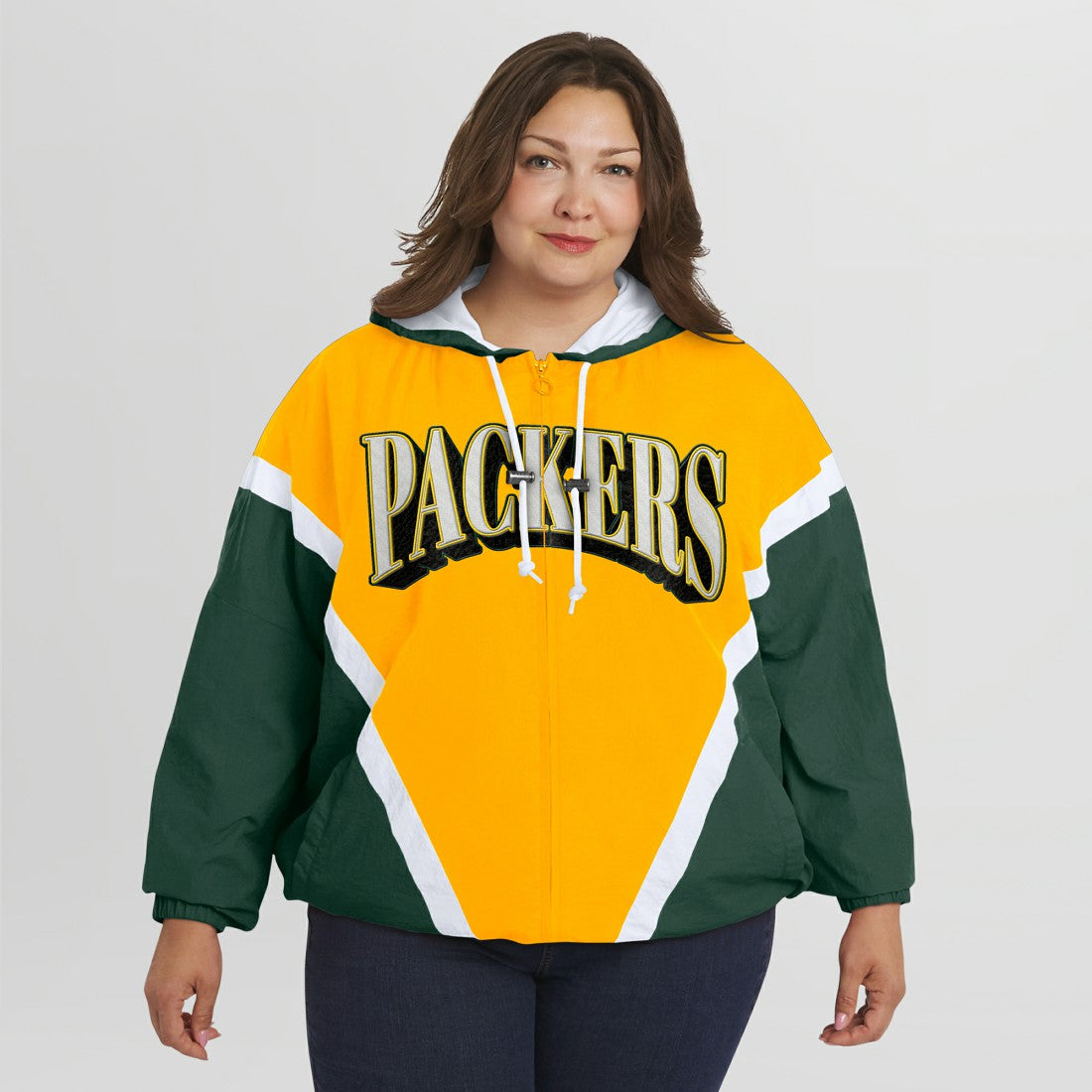 Green Bay Packers WEAR by Erin Andrews Women's Plus Size Retro Crinkle Full-Zip Hoodie Windbreaker Jacket Gold/Green