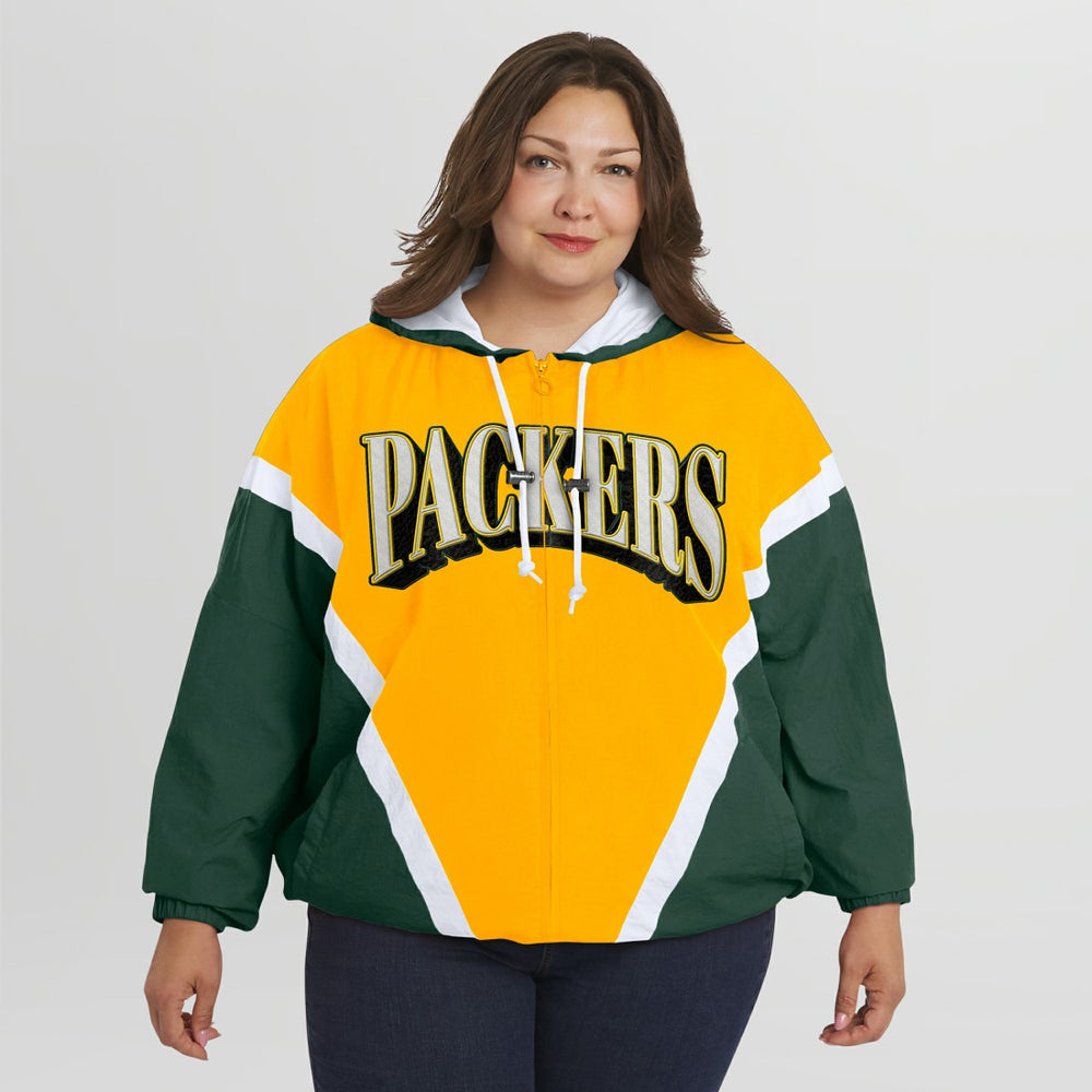 Green Bay Packers WEAR by Erin Andrews Women's Plus Size Retro Crinkle Full-Zip Hoodie Windbreaker Jacket Gold/Green